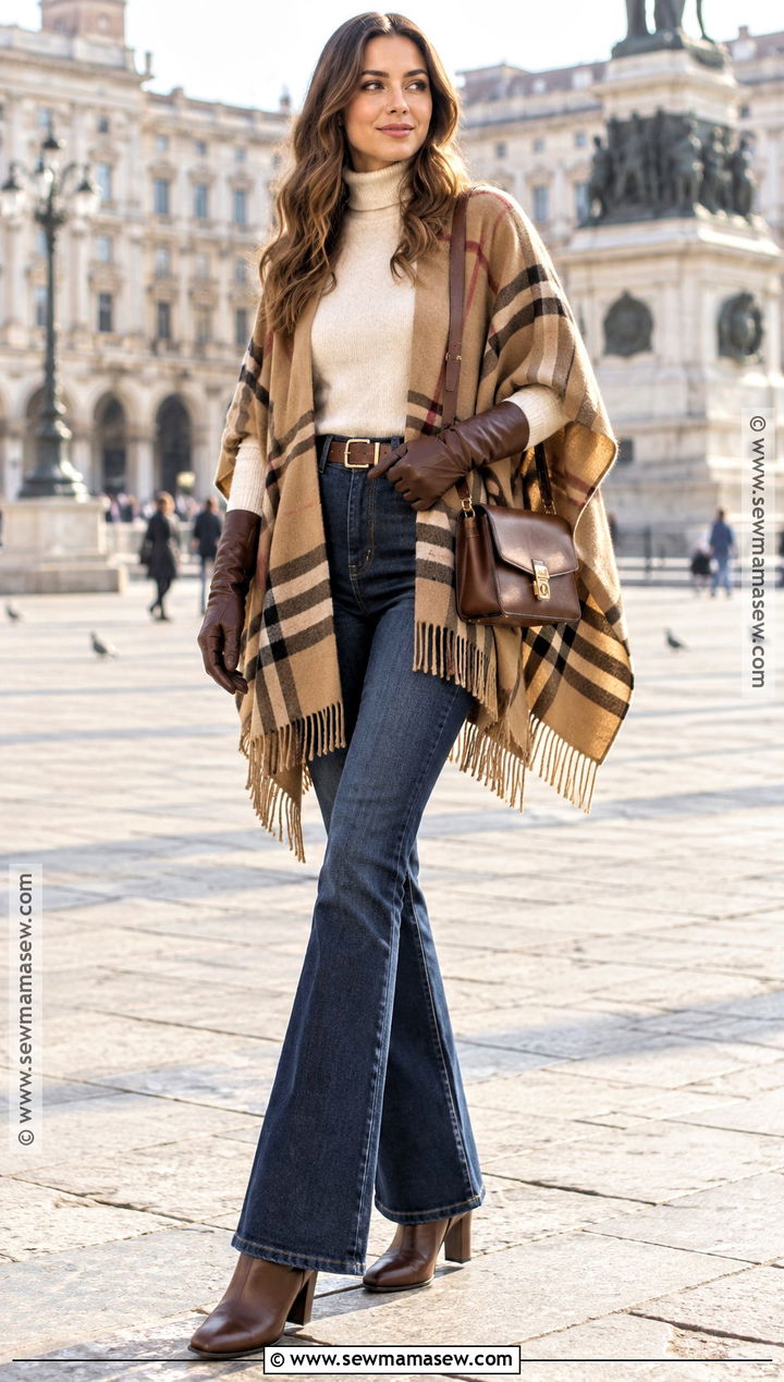 Poncho And Flared Jeans Autumn Outfit - 30 warm autumn outfits