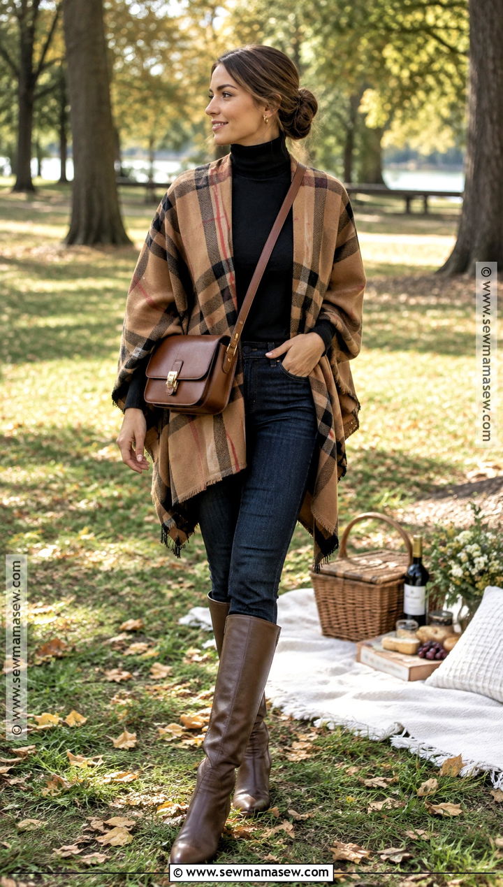 Poncho And Jeans Autumn Picnic Outfit - 25 autumn picnic outfit ideas