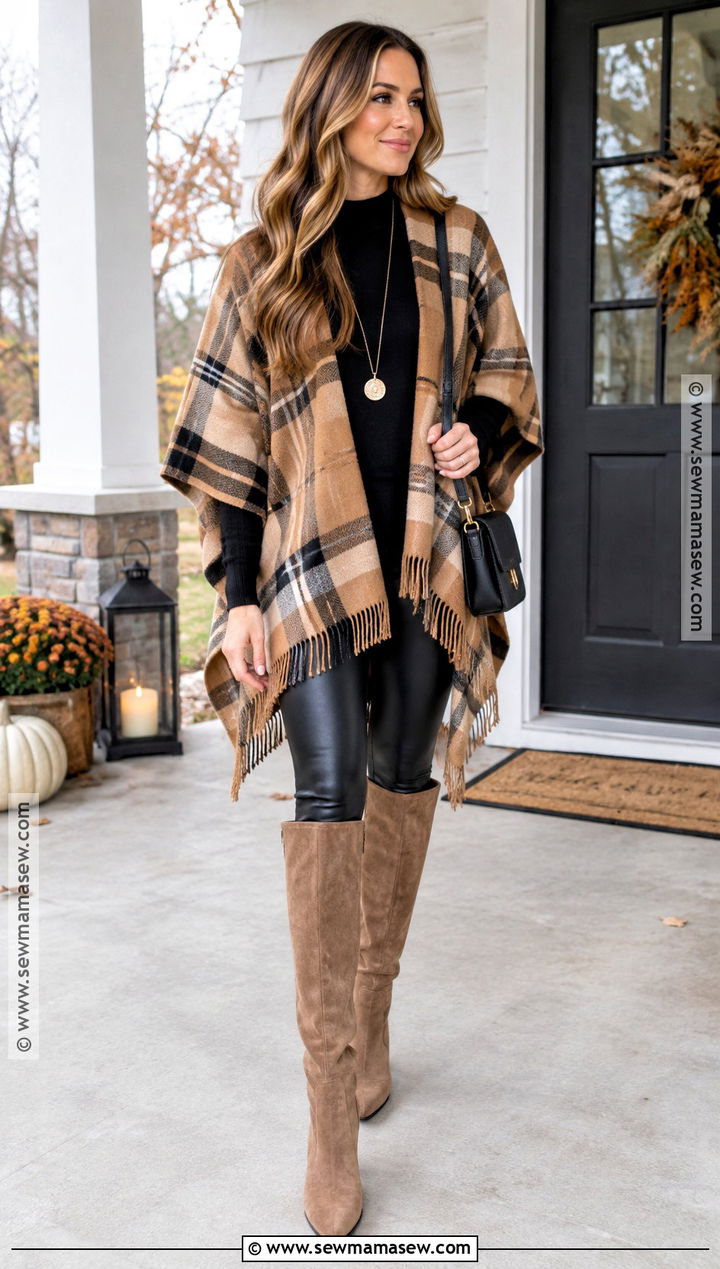 Poncho And Leather Leggings Thanksgiving Outfit - 15 leather leggings outfit thanksgiving