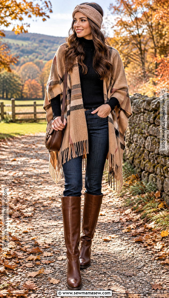 Poncho And Riding Boots Autumn Outdoor Outfit - 20 autumn outdoor outfits