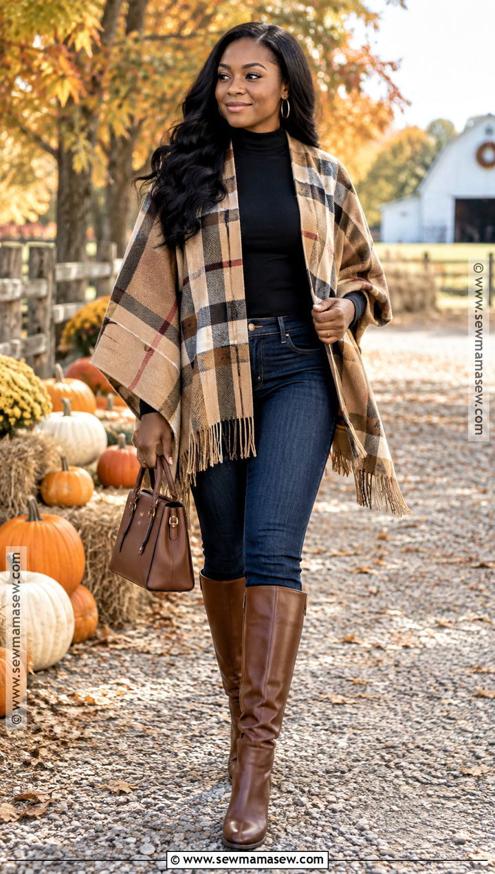 Poncho And Skinny Jeans Pumpkin Patch Outfit - 25 pumpkin patch outfit ideas for black women