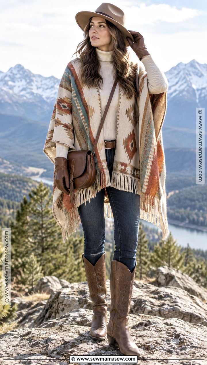 Poncho And Skinny Jeans Western Fall Photoshoot Outfit - 15 western fall photoshoot outfits