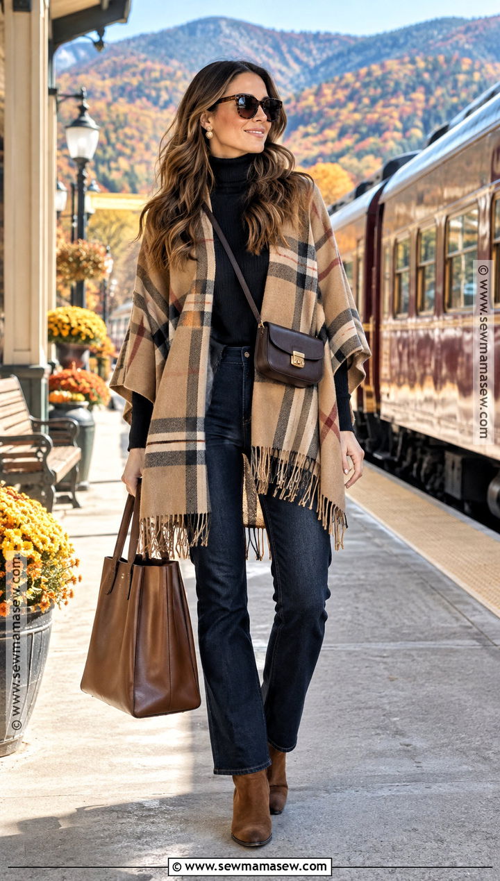 Poncho And Straight Jeans Fall Travel Outfit - 25 fall travel outfit ideas