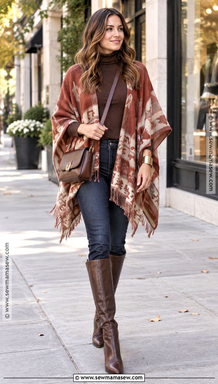Poncho And Straight Leg Jeans Boho Autumn Look - 15 boho style autumn look ideas