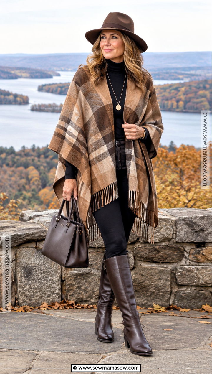 Poncho And Tall Boots Fall Outfit - 20 cozy fall aesthetic outfit ideas
