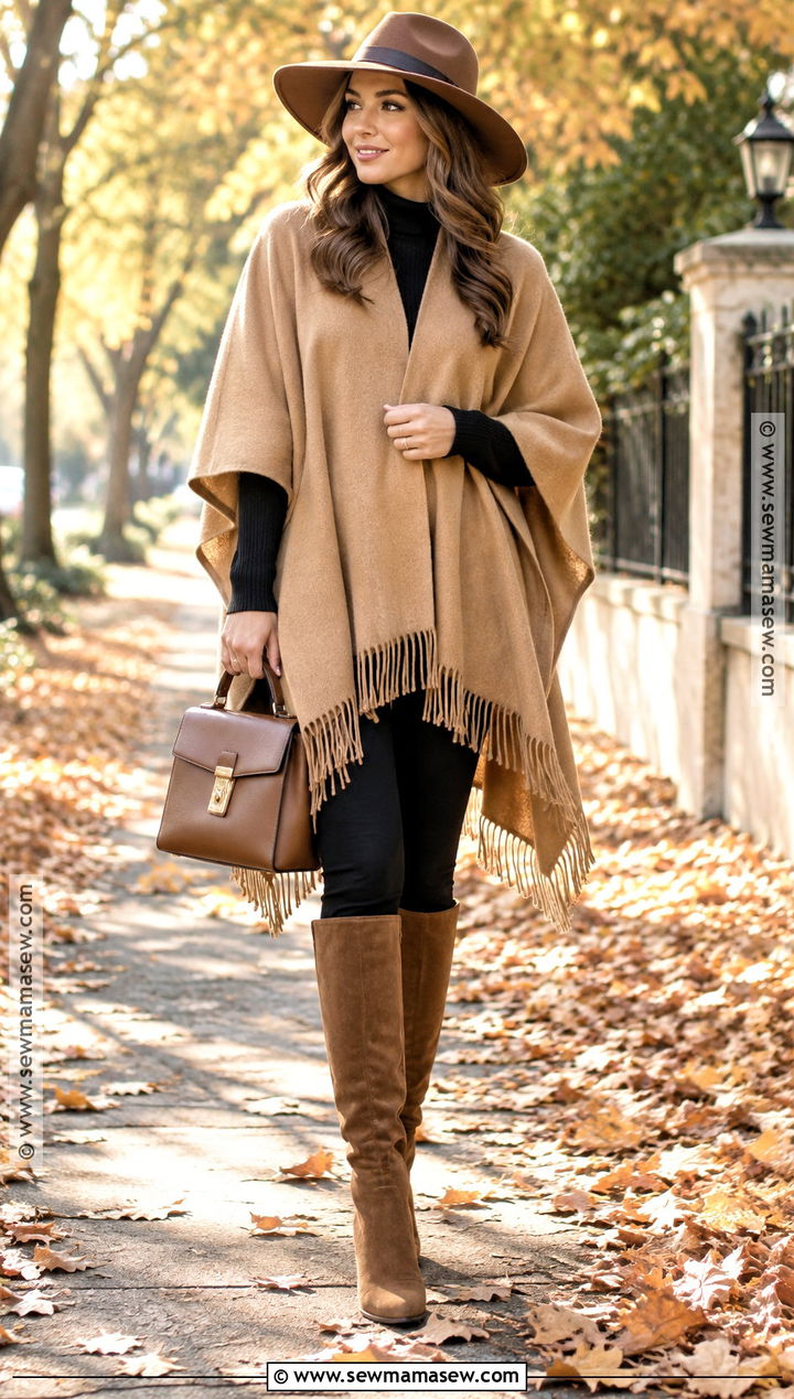 Poncho Fall Outfit With Leggings And Knee High Boots - 25 cosy fall outfits