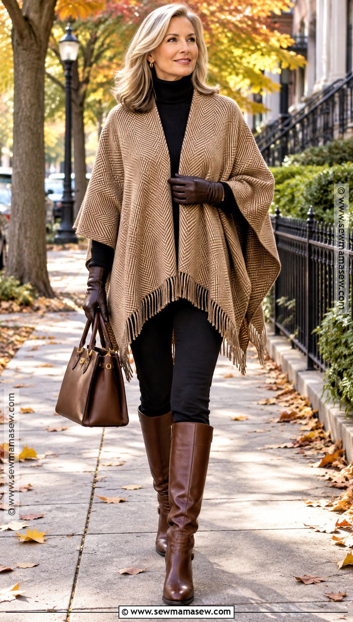 Poncho Fall Outfit With Slim Pants And Riding Boots - 20 Cozy Fall Fashion Ideas