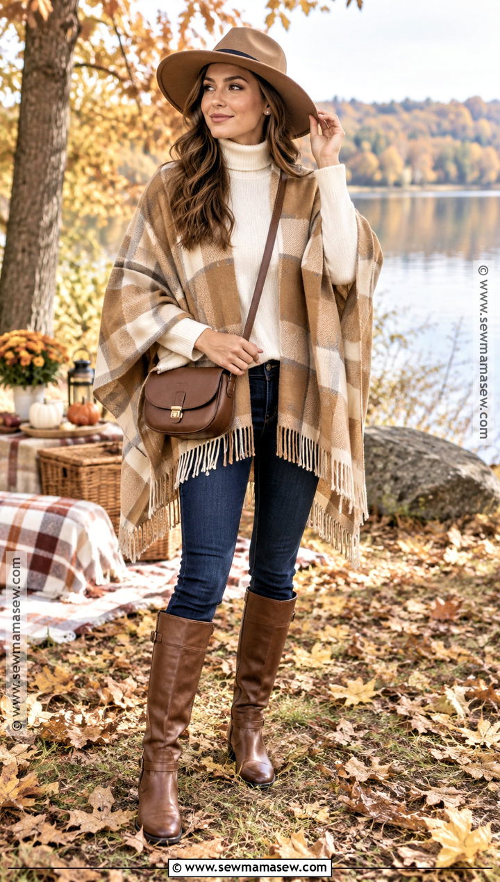 Poncho Fall Picnic Outfit With Slim Jeans And Riding Boots - 20 picnic outfit fall ideas