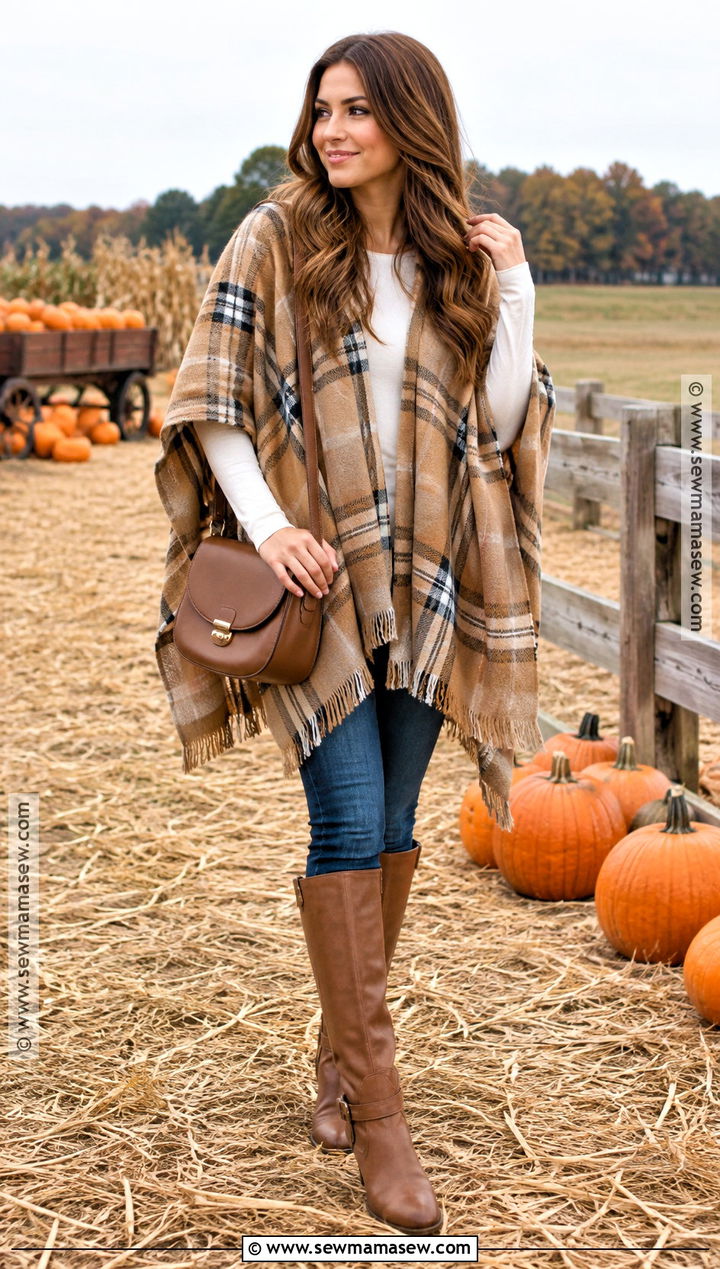 Poncho Pumpkin Patch Outfit With Slim Jeans - 25 pumpkin patch outfit ideas for women