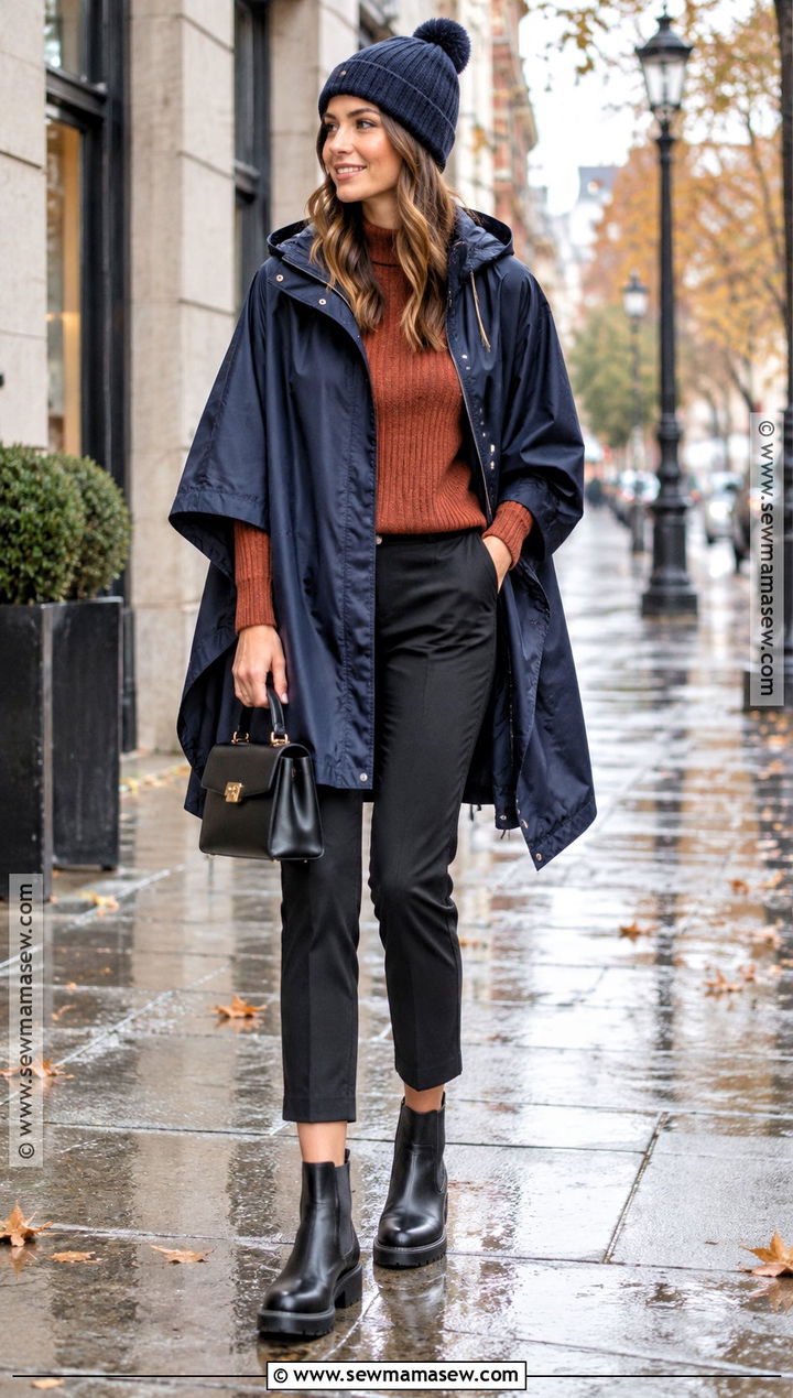 Poncho Raincoat With Sweater And Cropped Trousers - 15 cozy fall outfits casual rainy day