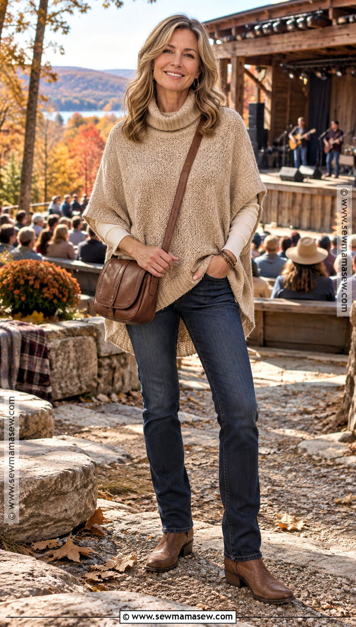 Poncho Sweater And Skinny Jeans Concert Outfit - 20 outdoor concert outfit fall ideas