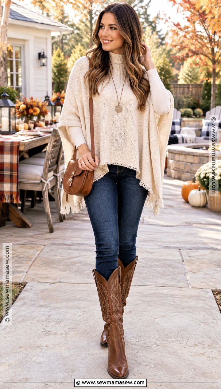 Poncho Sweater With Skinny Jeans And Cowgirl Boots - 15 cowgirl boots thanksgiving outfit