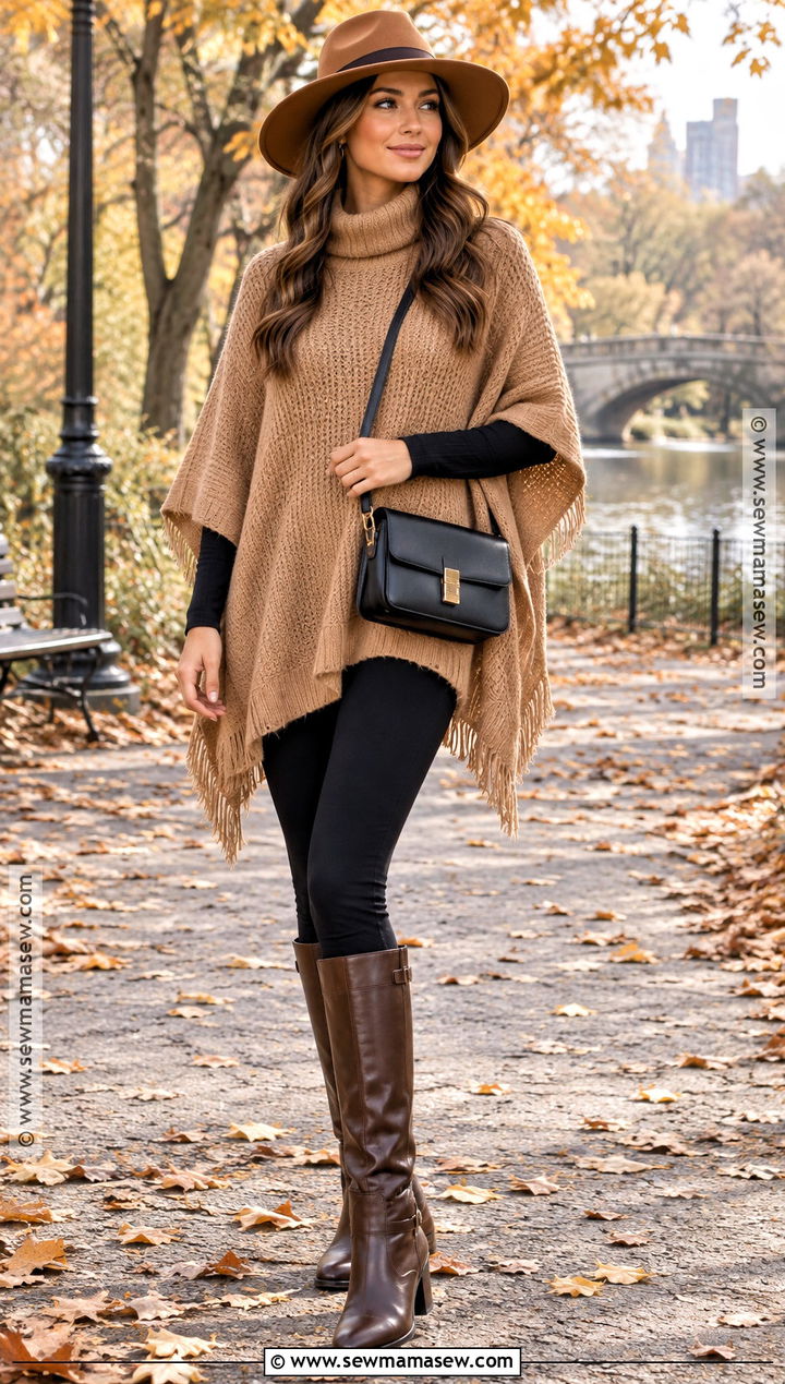 Poncho Sweater and Leggings Fall Outfit - 25 cute warm fall outfits