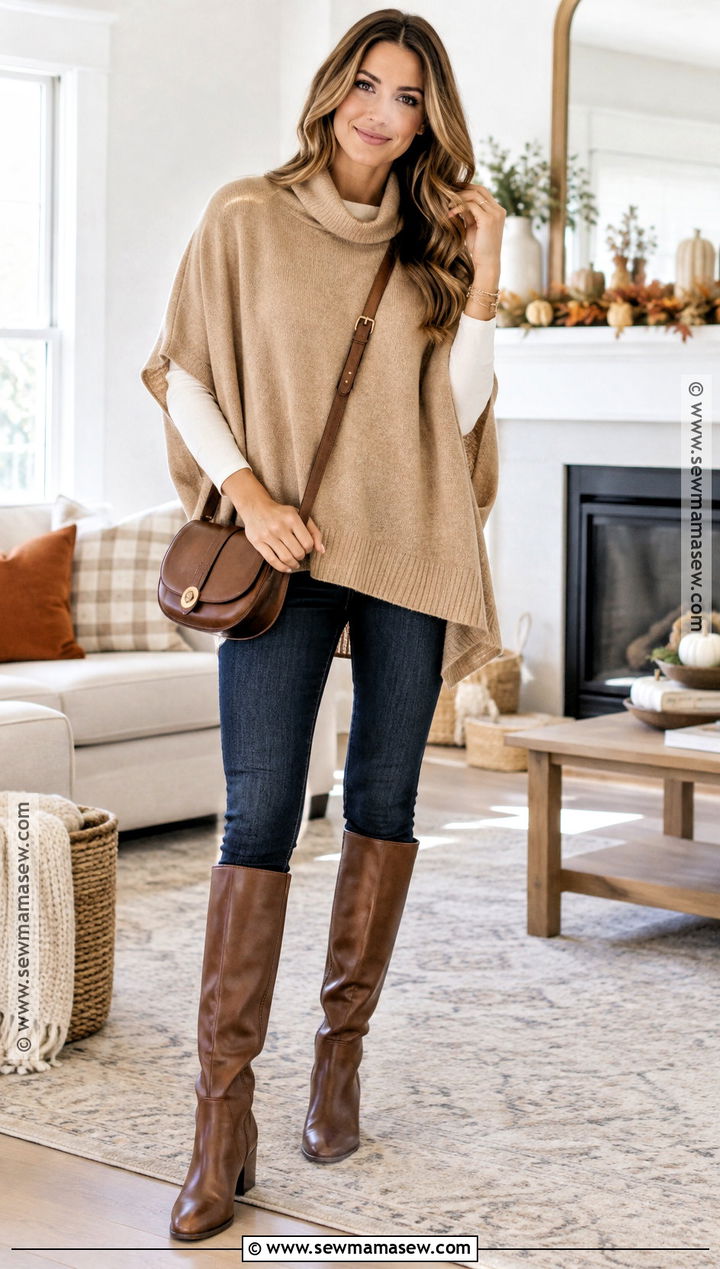 Poncho Sweater and Skinny Jeans Thanksgiving Outfit - 25 fall thanksgiving outfits