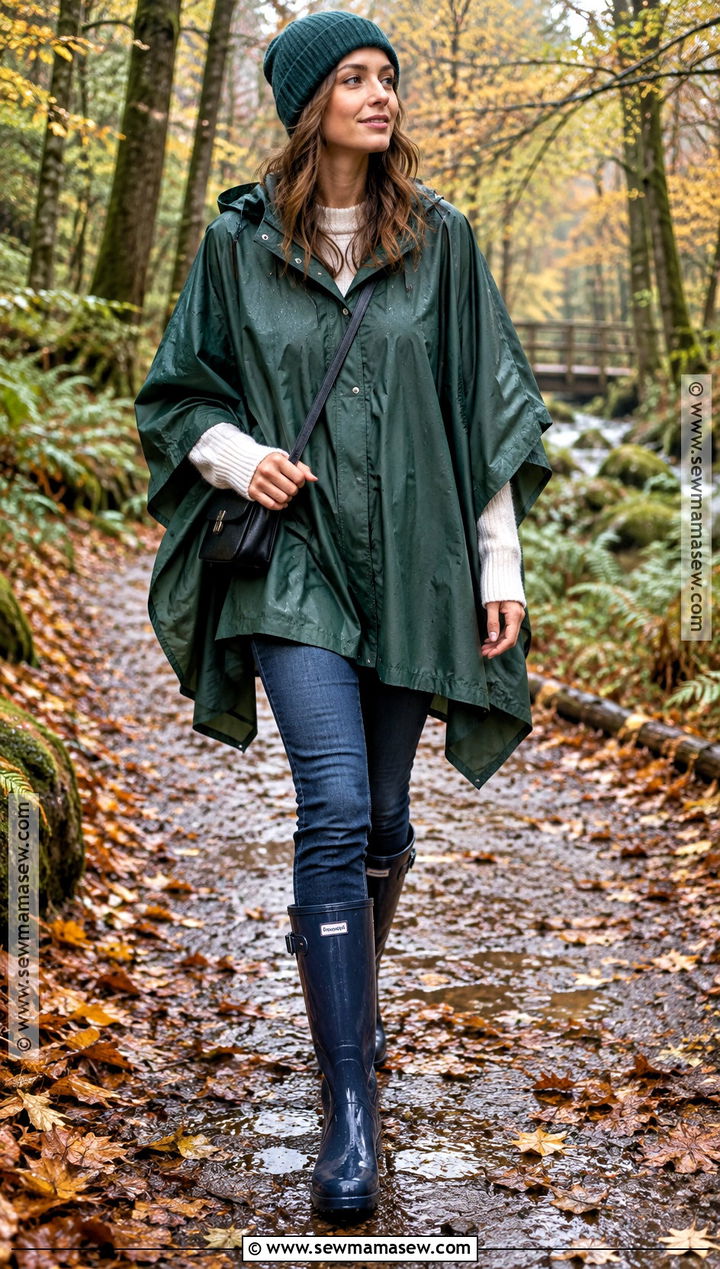Poncho With Jeans And Mid Calf Rain Boots - 15 Autumn Outfit With Rain Boots