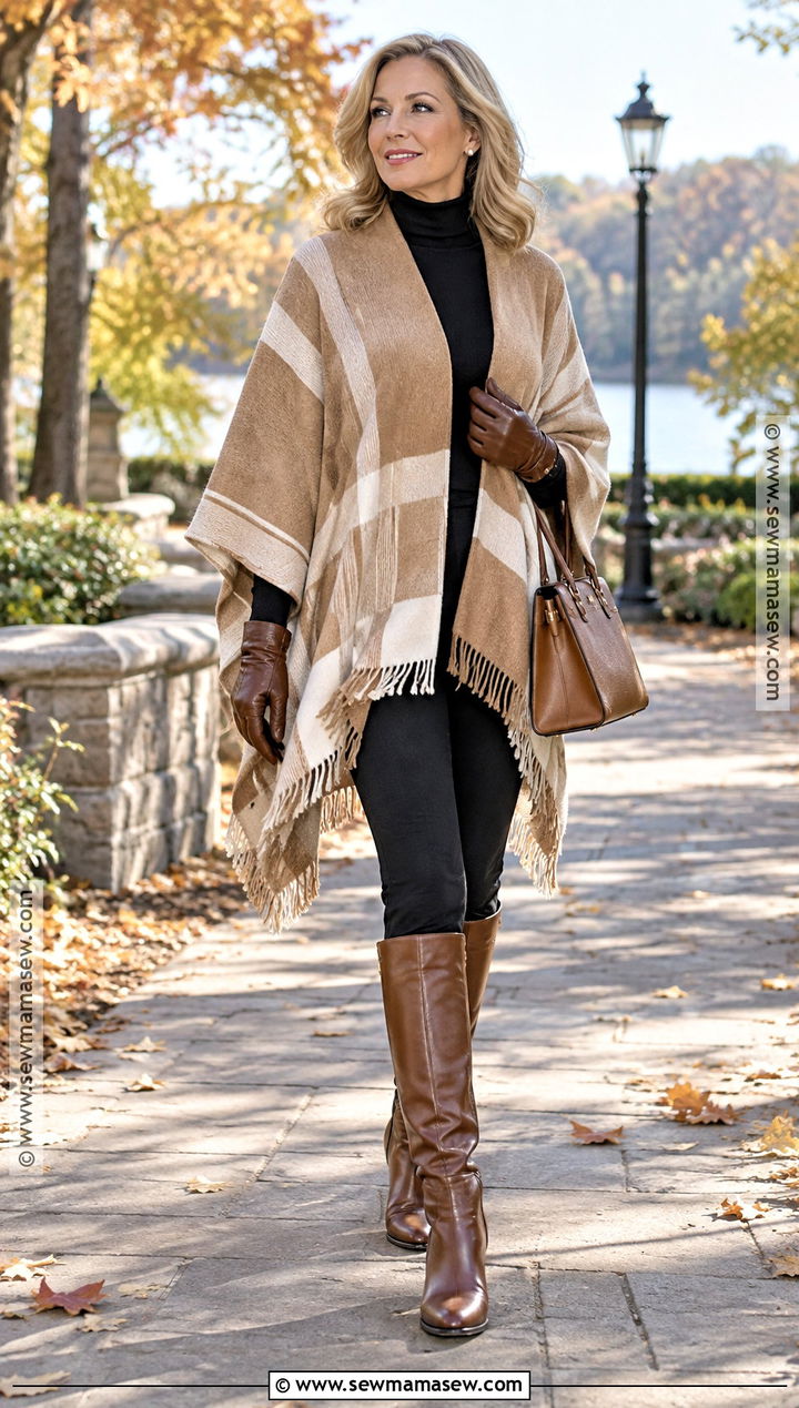 Poncho With Leggings And Tall Boots - 20 Fall Outfit With Leggings