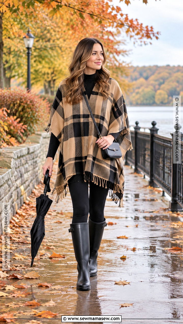 Poncho With Leggings And Tall Rain Boots - 20 rainboots outfit fall ideas