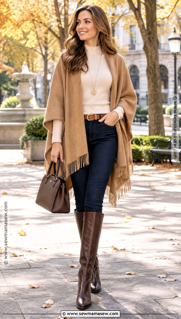 Poncho With Straight Jeans And Knee High Boots - 25 autumn outfits with boots