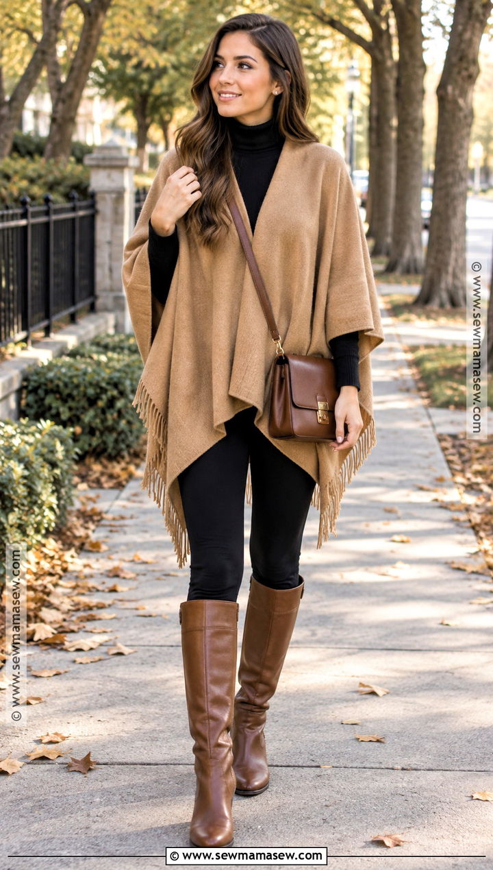 Poncho With Turtleneck And Leggings - 30 comfy fall outfits