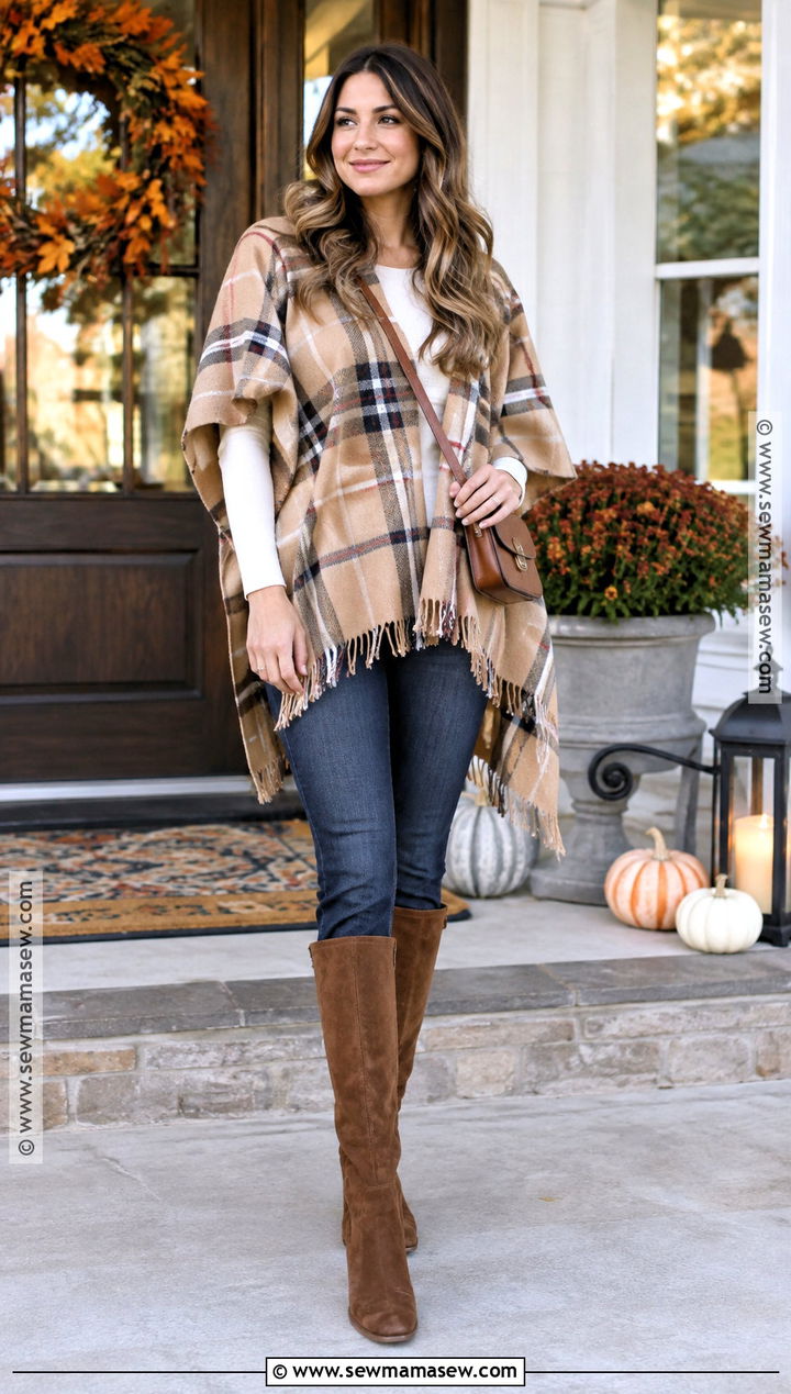 Poncho and Dark Wash Jeans Thanksgiving Outfit - 25 Chill Thanksgiving Outfits
