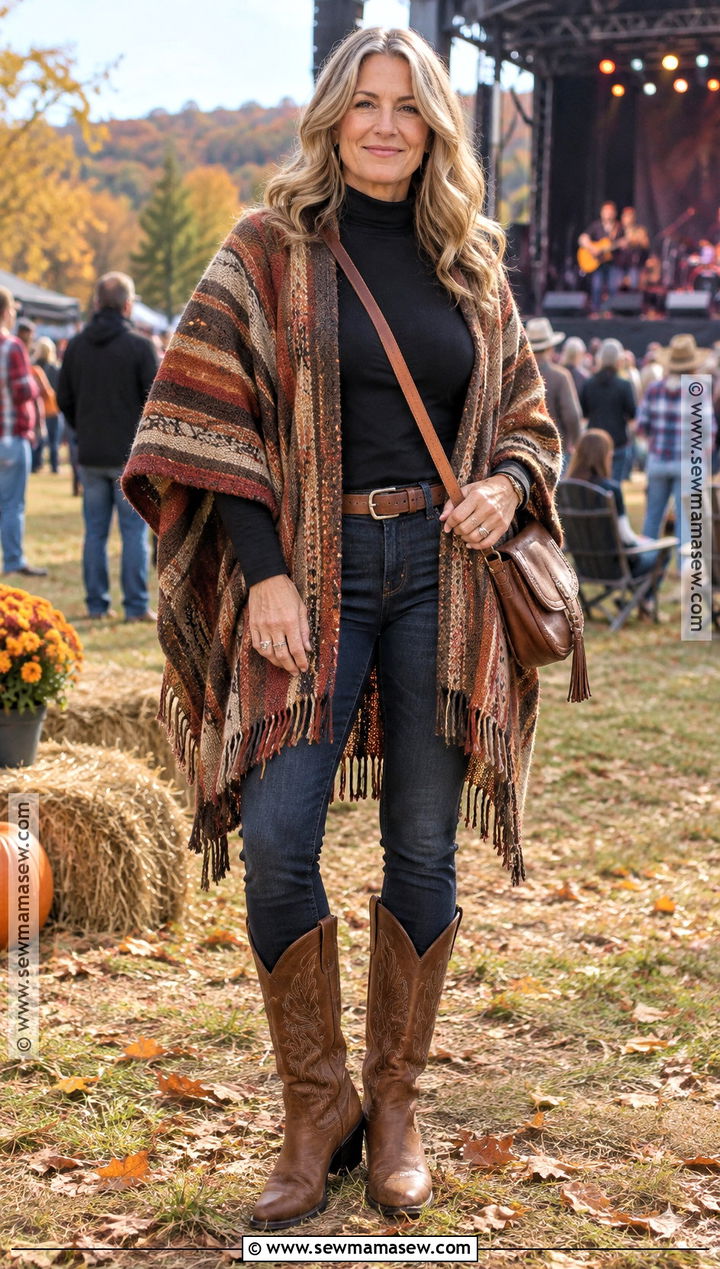 Poncho and Skinny Jeans Country Festival Outfit - 20 country festival outfit fall ideas