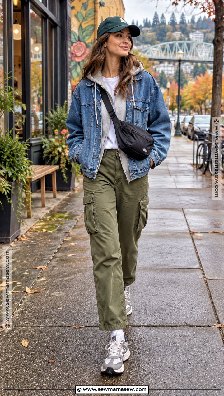 Portland Early Fall Denim Jacket And Cargo Pants Outfit - 15 Outfits For Portland Oregon Fall