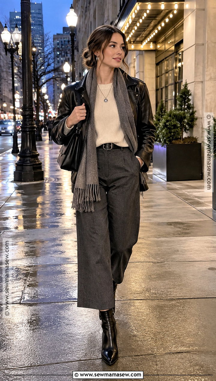 Portland Fall Leather Jacket And Wide Leg Trousers Outfit - 15 Outfits For Portland Oregon Fall