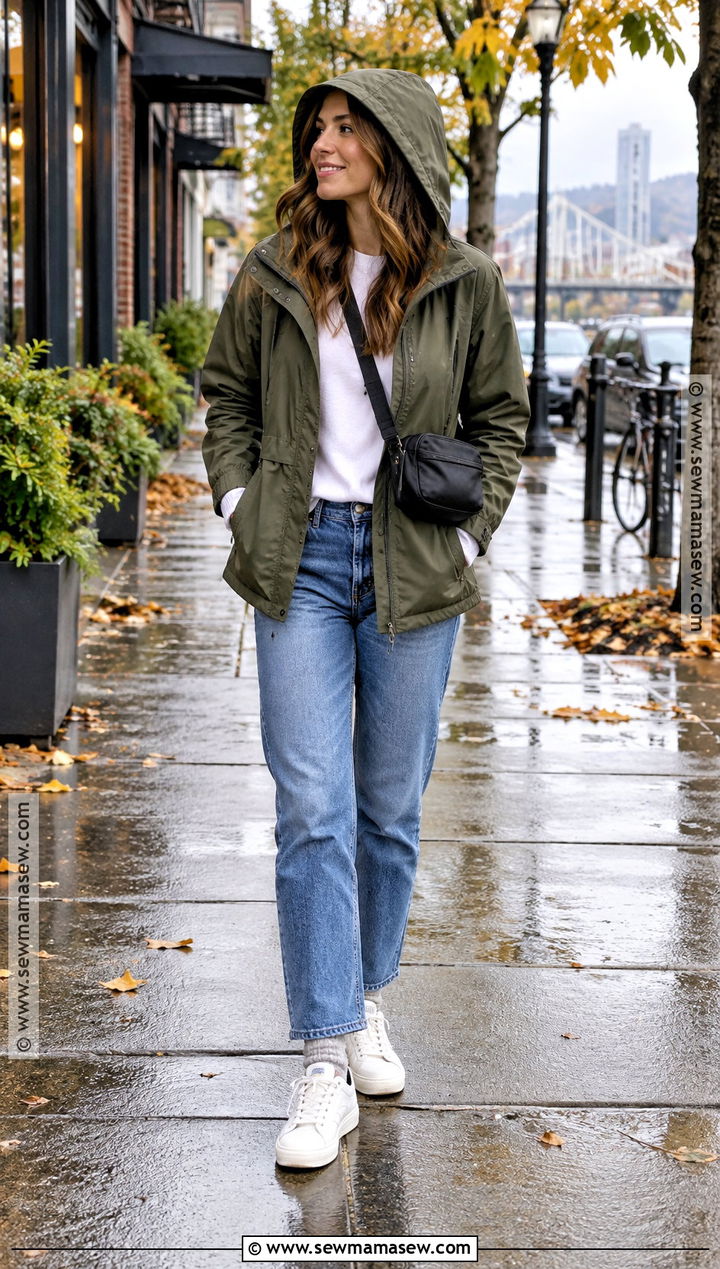Portland Fall Rain Jacket And Straight Leg Jeans Outfit - 15 Outfits For Portland Oregon Fall