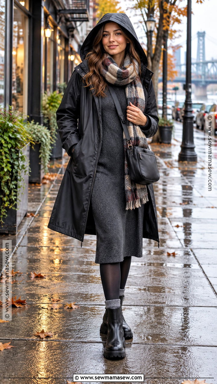 Portland Late Fall Raincoat And Knit Dress Outfit - 15 Outfits For Portland Oregon Fall