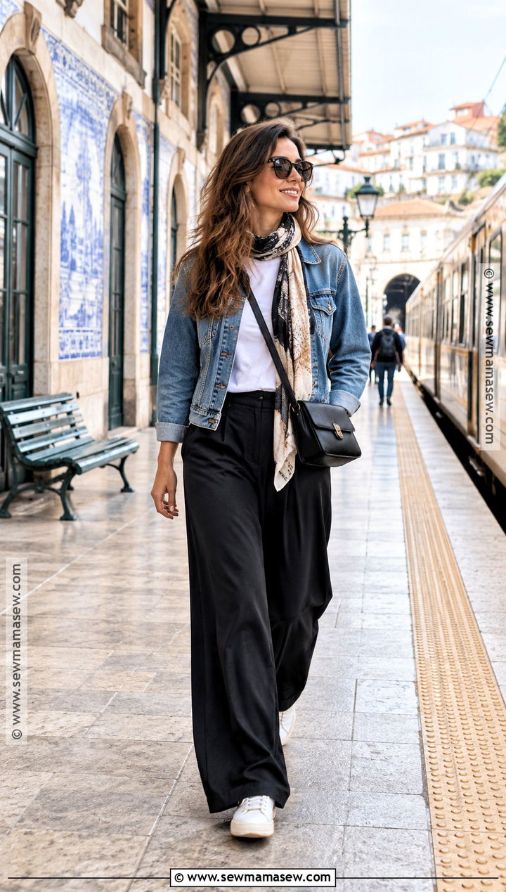 Portugal Fall Denim Jacket And Wide Leg Pants Outfit - 20 portugal outfits fall