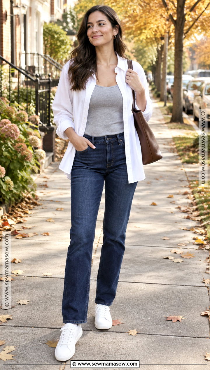 Postpartum Button Down Shirt And Jeans Outfit - 15 Fall Postpartum Wardrobe Ideas
