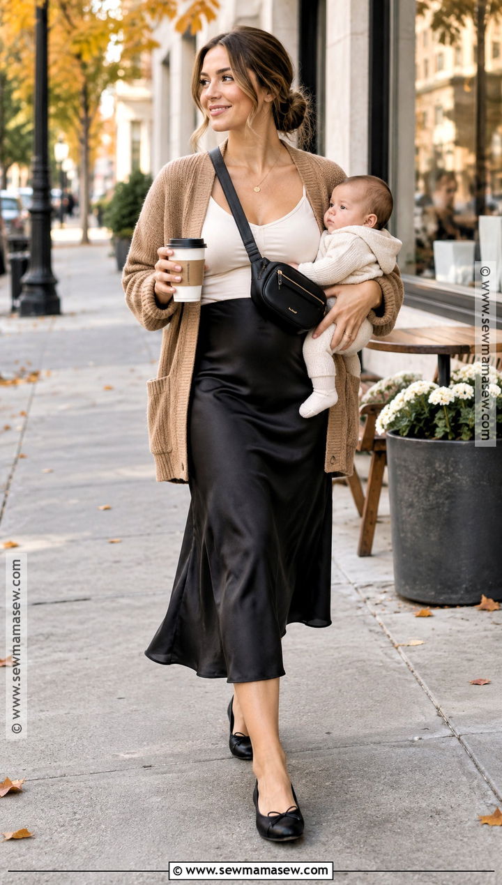 Postpartum Cardigan And Midi Skirt Outfit - 15 Fall Postpartum Wardrobe Ideas