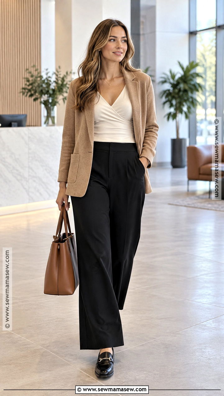 Postpartum Fall Blazer And Elastic Waist Trousers Outfit - 20 Post Partum Fall Outfit Ideas