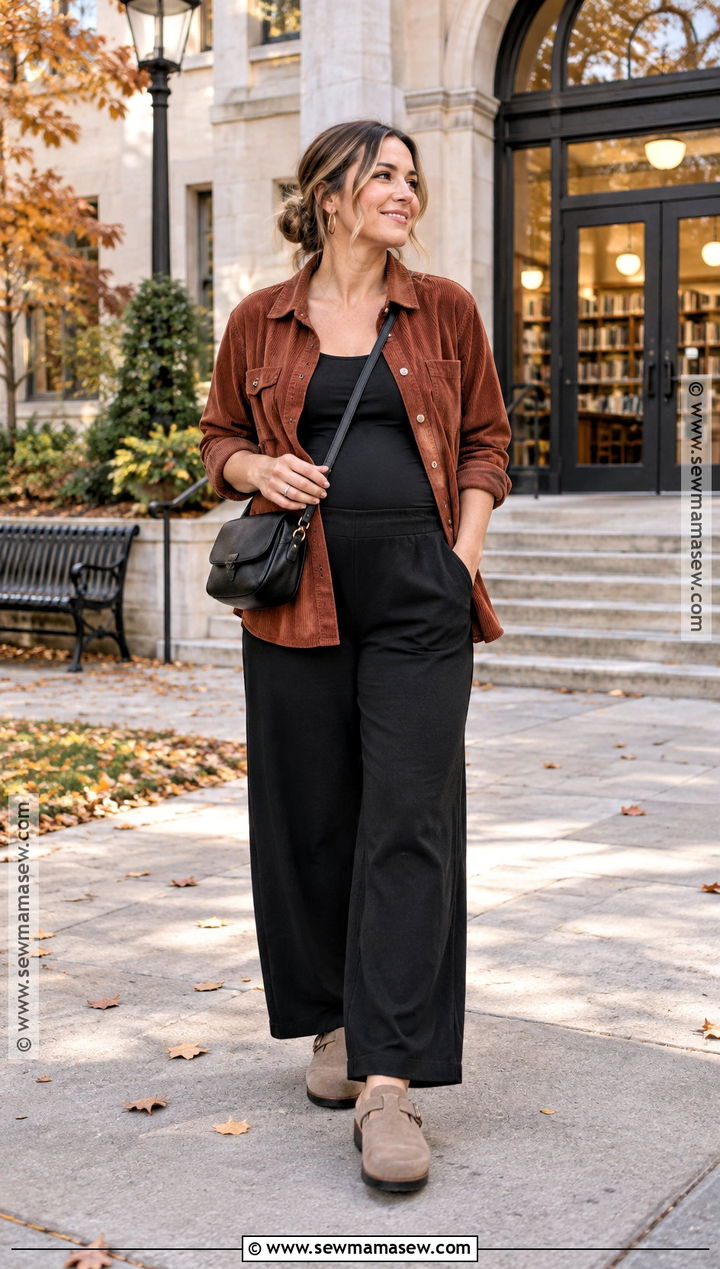 Postpartum Fall Corduroy Shirt And Wide Leg Pants Outfit - 20 Post Partum Fall Outfit Ideas
