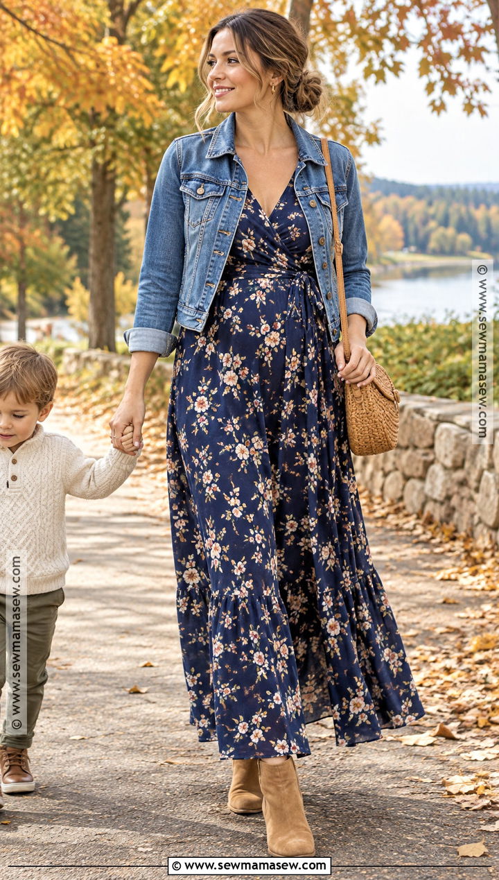 Postpartum Fall Maxi Dress And Denim Jacket Outfit - 20 Post Partum Fall Outfit Ideas