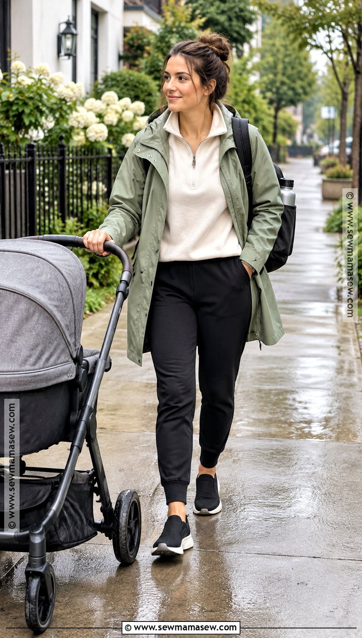Postpartum Fall Raincoat And Joggers Outfit - 20 Post Partum Fall Outfit Ideas