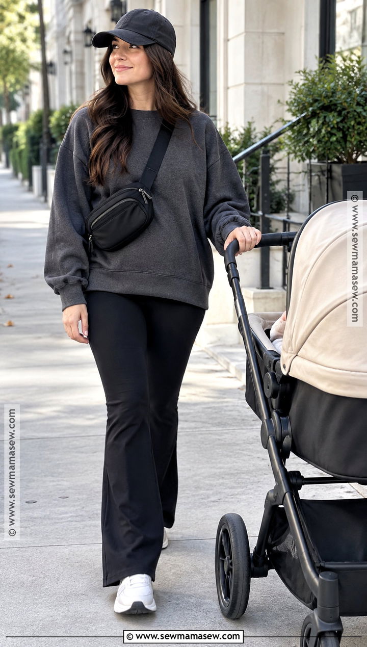 Postpartum Fall Sweatshirt And Flare Leggings Outfit - 20 Post Partum Fall Outfit Ideas