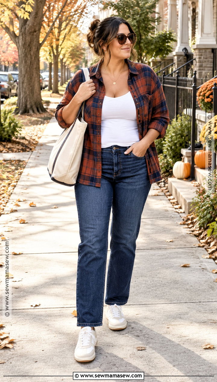 Postpartum Flannel Shirt And Straight Leg Jeans Outfit - 20 postpartum outfits fall