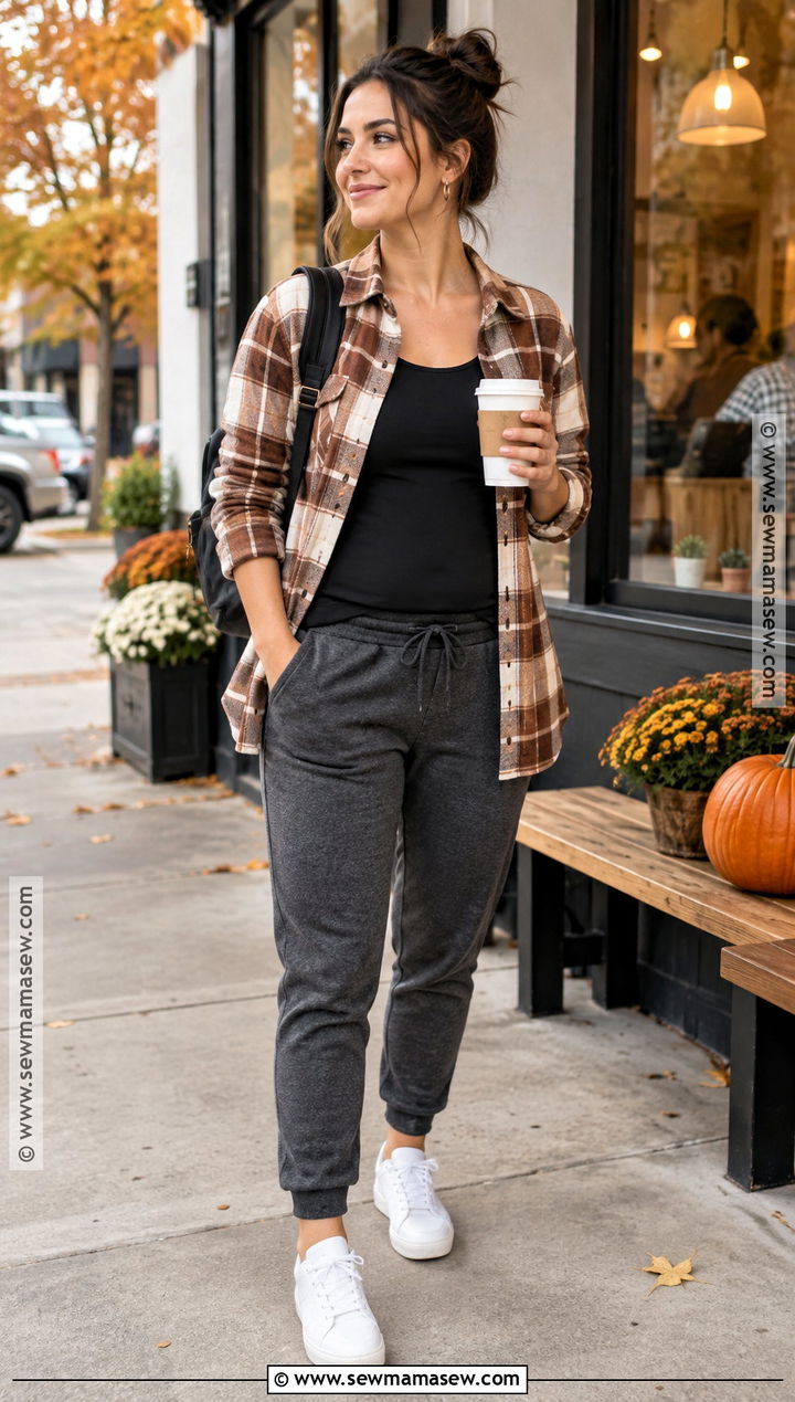 Postpartum Flannel Shirt With Joggers And Sneakers - 20 fall postpartum outfits