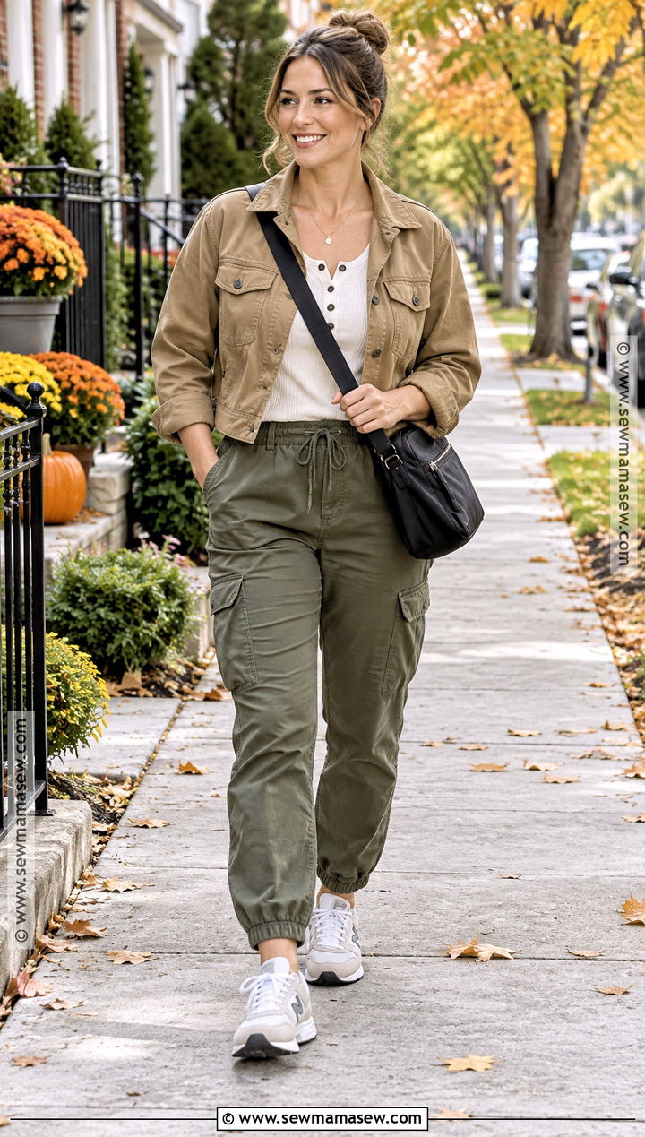 Postpartum Henley Top And Cargo Pants Outfit - 15 Fall Postpartum Wardrobe Ideas