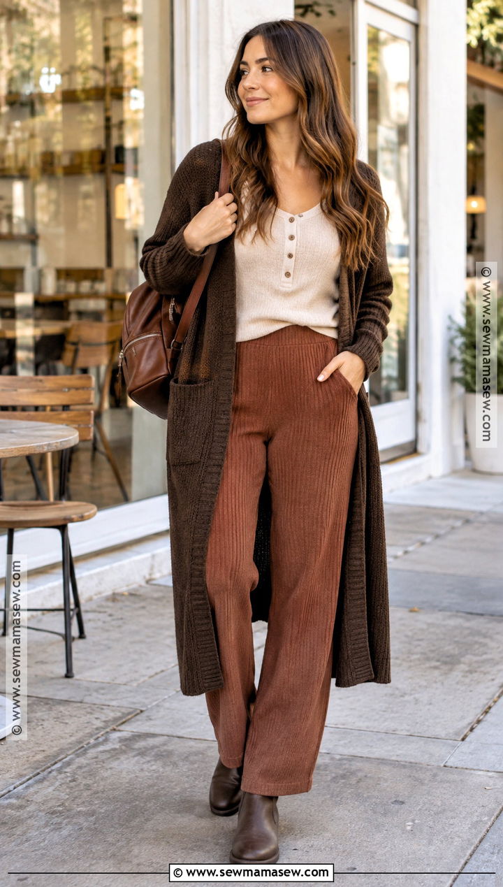 Postpartum Henley Top And Knit Pants Outfit - 20 postpartum outfits fall