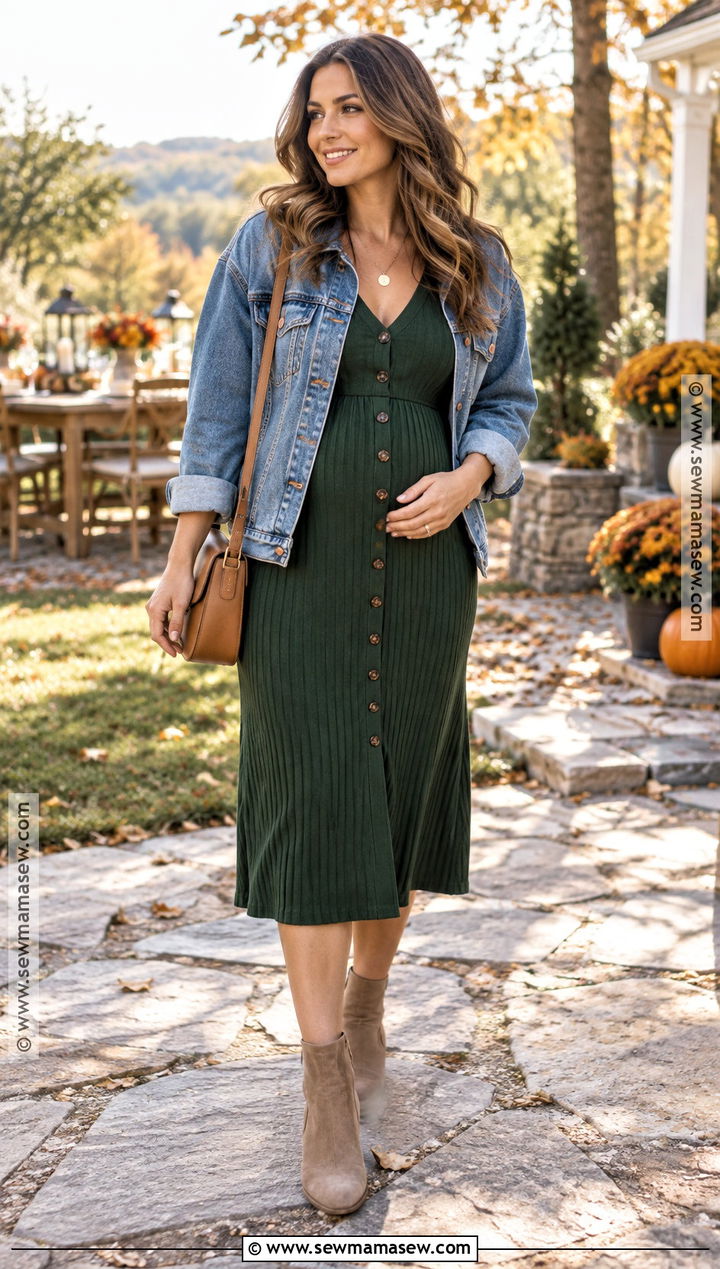 Postpartum Knit Midi Dress With Denim Jacket - 20 fall postpartum outfits
