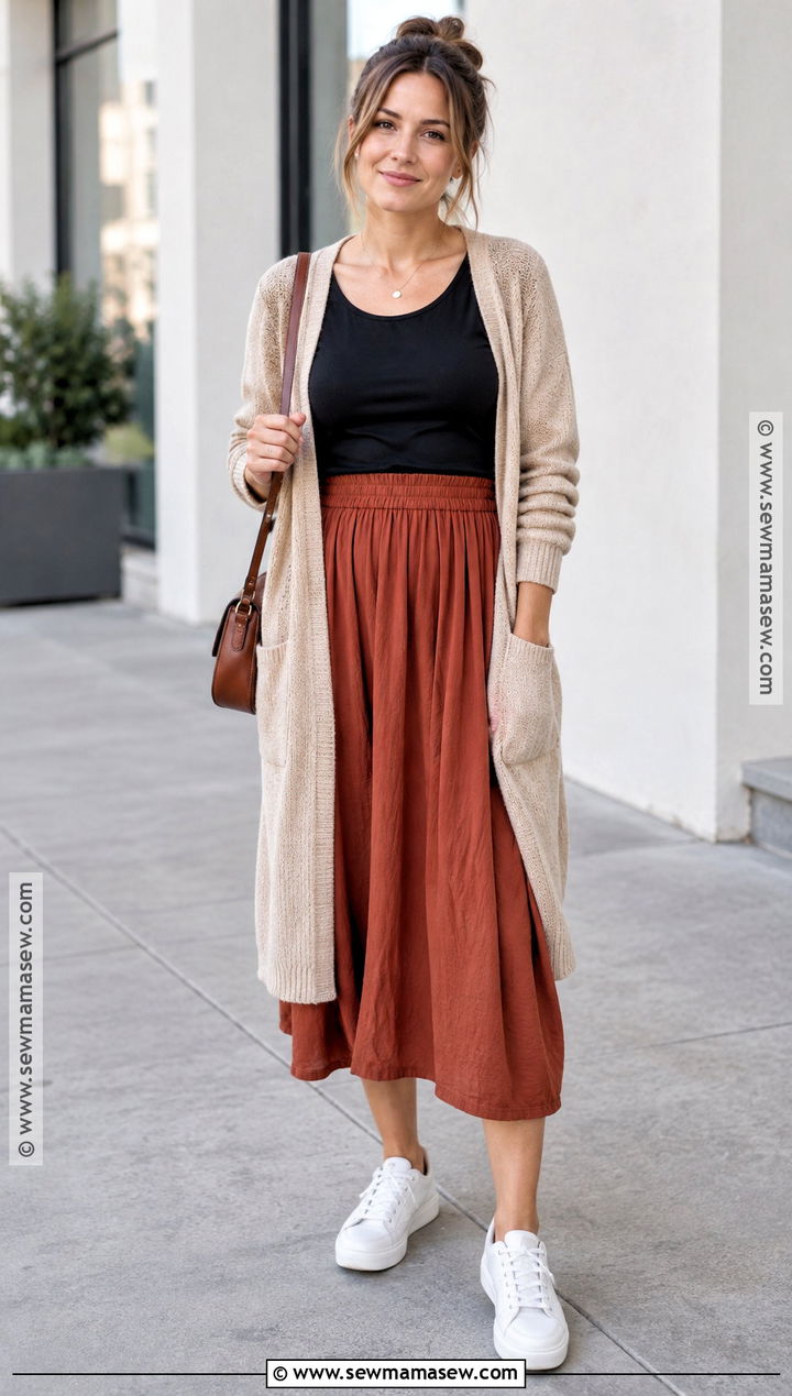 Postpartum Long Cardigan With Midi Skirt - 20 fall postpartum outfits