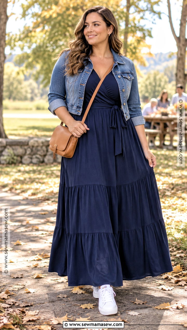 Postpartum Maxi Dress And Denim Jacket Outfit - 20 postpartum outfits fall