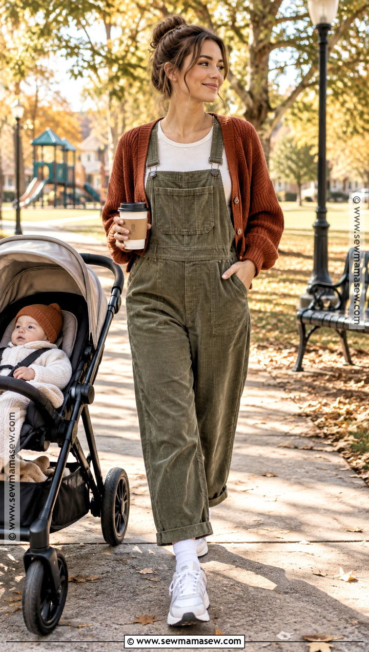 Postpartum Overalls With Nursing Tee And Sneakers - 20 fall postpartum outfits