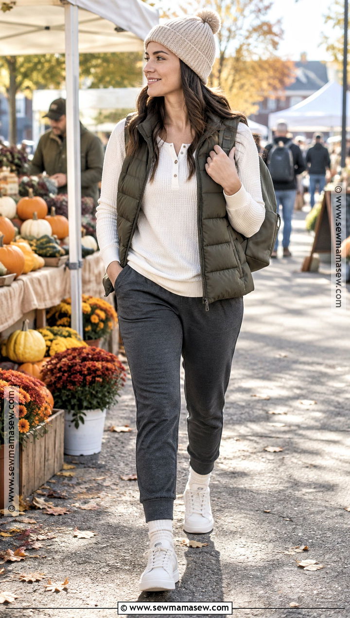 Postpartum Puffer Vest With Henley And Joggers - 20 fall postpartum outfits