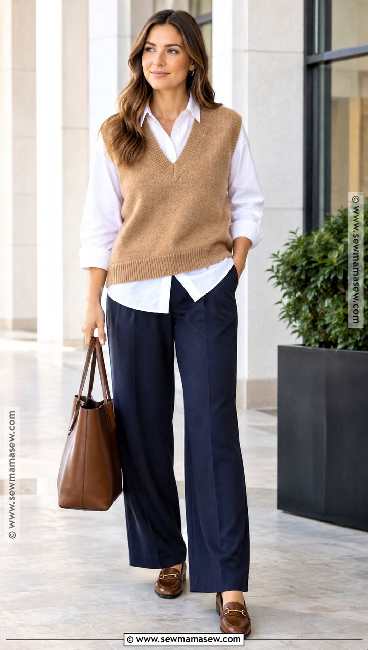 Postpartum Sweater Vest And Pull On Trousers Outfit - 20 postpartum outfits fall
