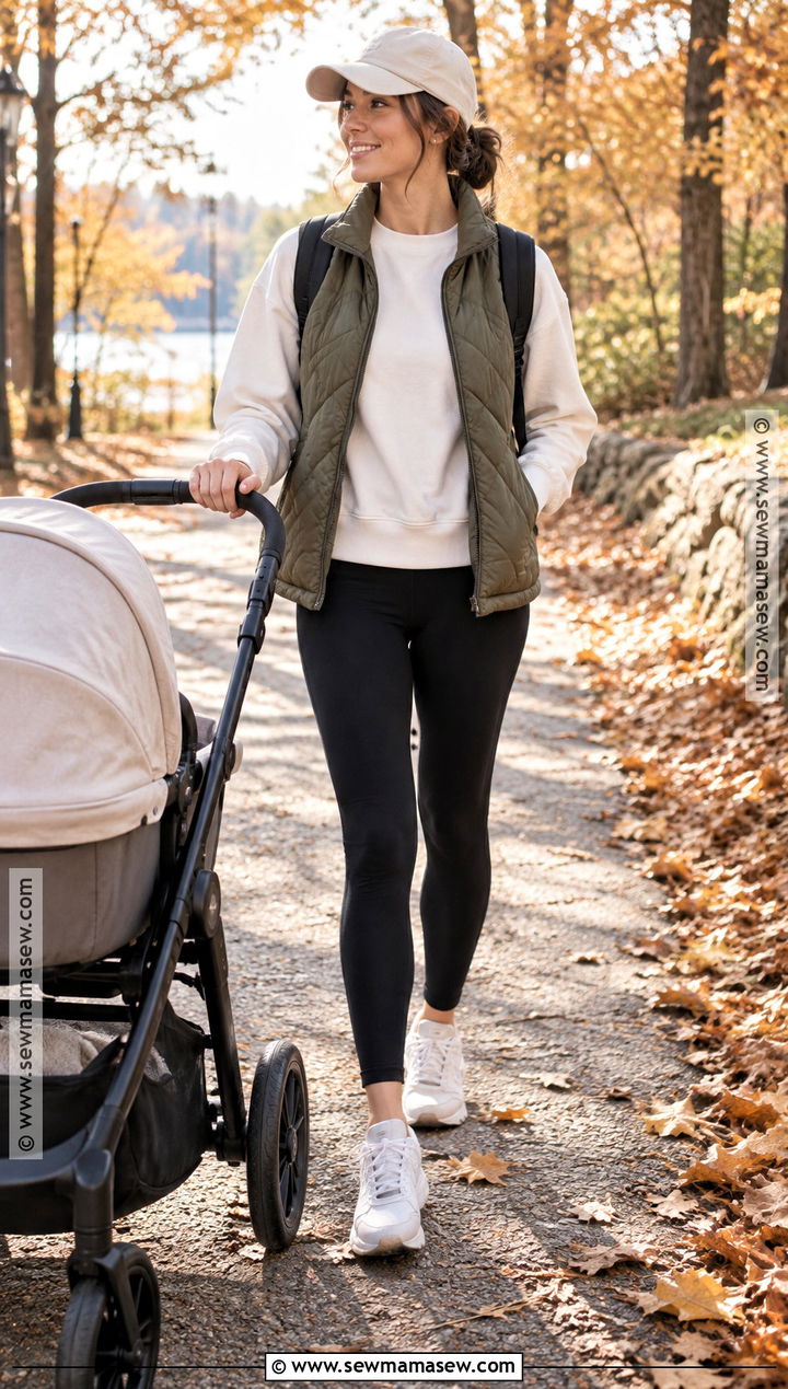 Postpartum Sweatshirt And Quilted Vest Outfit - 20 postpartum outfits fall