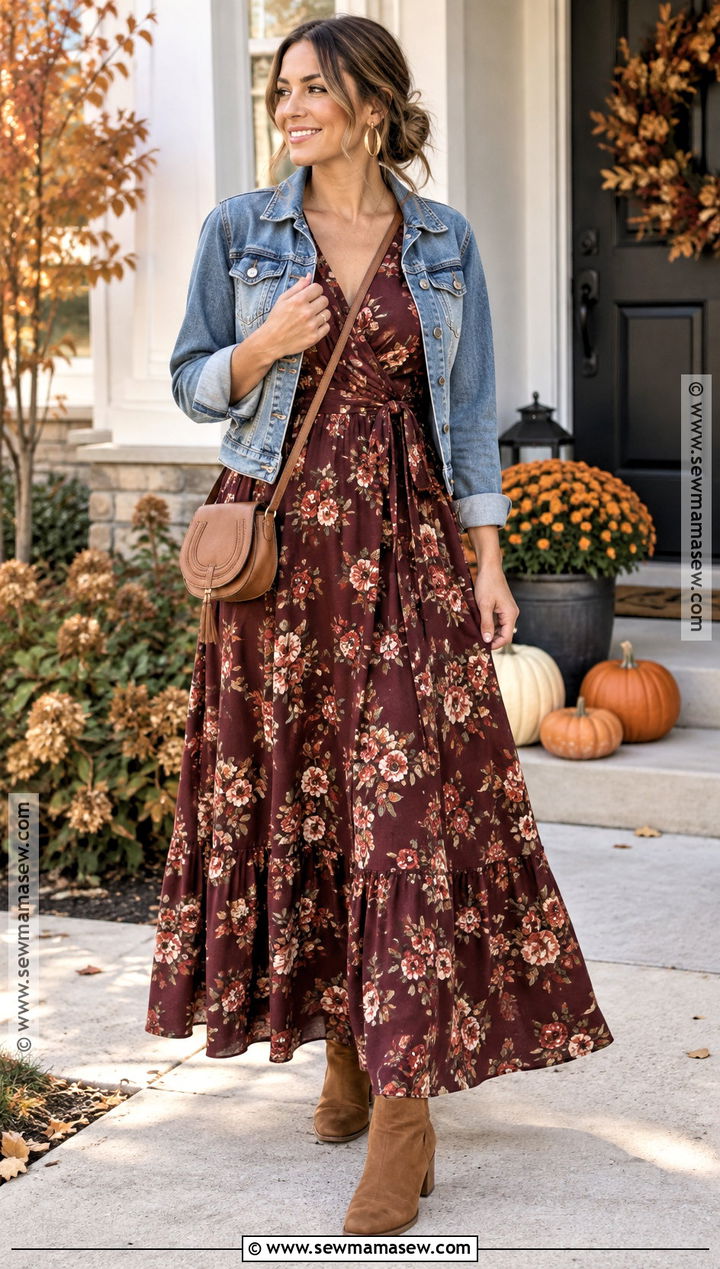 Postpartum Thanksgiving Maxi Dress And Denim Jacket Outfit - 15 thanksgiving outfit postpartum ideas