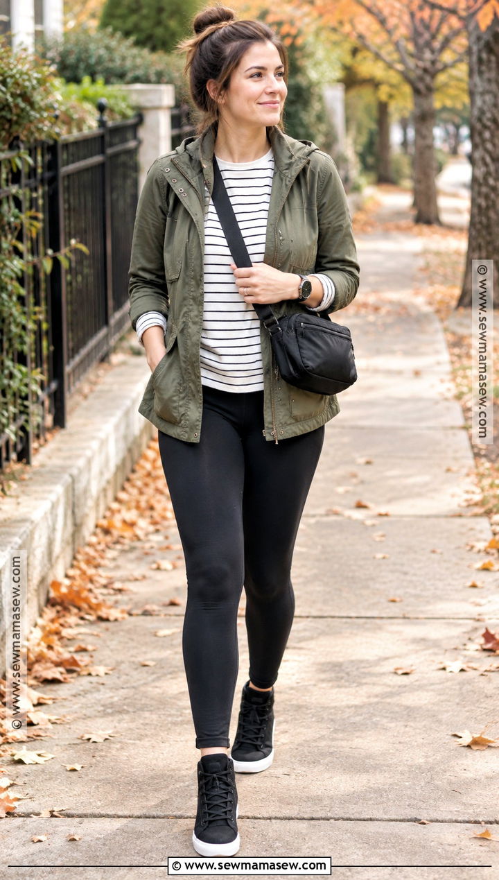Postpartum Utility Jacket And Black Leggings Outfit - 20 postpartum outfits fall